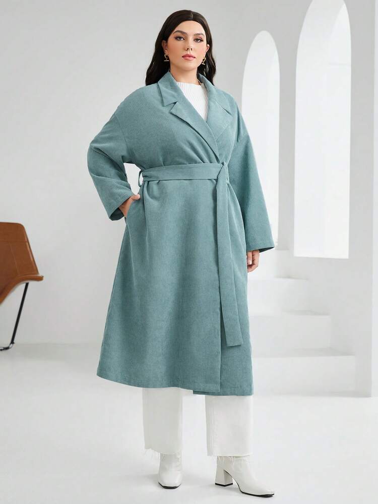 Plus Lapel Neck Drop Shoulder Belted Coat