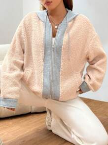 SHEIN EZwear Của phụ nữ Khối màu Lông cừu áo có mũ Áo khoác Với dây rút - Nhiều màu - Xem 1