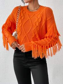 SHEIN Essnce Viền rìa Thả vai Xoắn Dan Áo len - trái cam - Xem 3