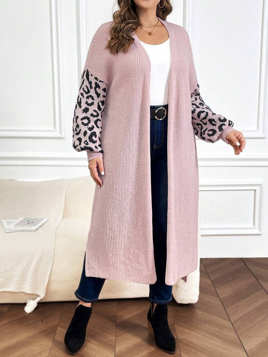 SHEIN LUNE Hơn Hoa văn Báo Thả vai Mở Mặt trước Viền chia cắt Áo len Duster - Hồng - Xem 1