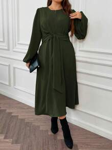 SHEIN Franclia Plus Lantern Sleeve Knot Front Dress - Army Green - View 1