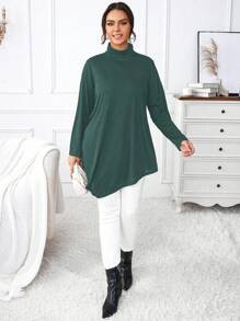 Celure 大碼素色高領不對稱下擺T恤 - 墨綠色 - 查看 6