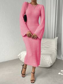 Chiquease Solid Flare Sleeve Open Back Sweater Dress - Pink - View 3
