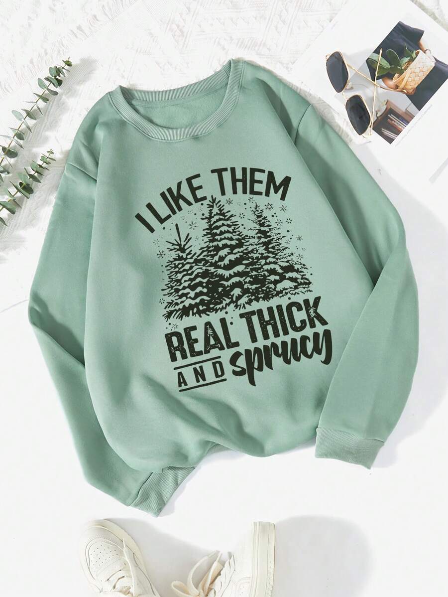 INAWLY Áo nỉ dài tay giữ ấm, lót lông, in hình chữ và cây, thích hợp mặc mùa thu. - Màu xanh Bạc hà - Xem 1