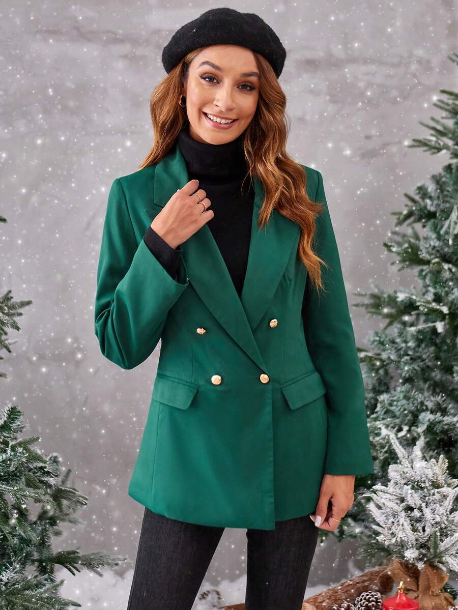 SHEIN BIZwear Lapel Neck Double Breasted Blazer - Dark Green - View 1
