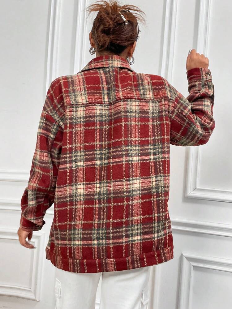 Plaid Print Drop Shoulder Flap Pocket Overcoat