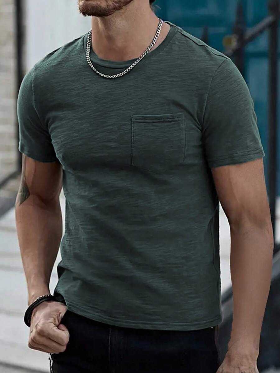 Men Solid Pocket Patched Tee - Army Green - View 1