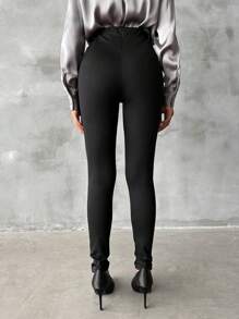 EURMUSE High Waist Solid Color Button Decor Skinny Sexy Long Pants - Black - View 2