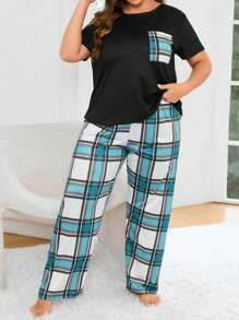 Plus Bộ áo phông và quần PJ in họa tiết kẻ sọc / Bộ đồ ngủ - Màu xanh lam - Xem 4