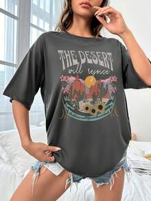 SHEIN EZwear Đồ họa chữ và hoa Áo thun Thả vai - Màu xám đen - Xem 4