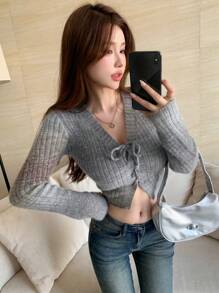 Dazy Star Áo khoác cardigan crop top buộc dây phía trước, quần áo nữ mùa thu - Nhiều màu - Xem 1