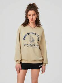 Forever 21 Women'S Floral & Letter Printed Drop Shoulder Sweatshirt - Khaki - View 6