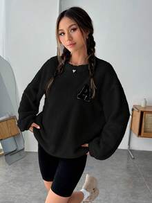 SHEIN EZwear Letter Patched Drop Shoulder Fuzzy Sweatshirt - Black - View 3