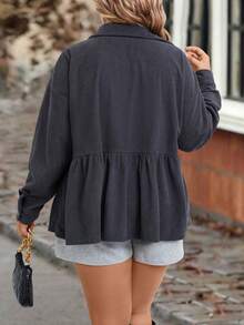 SHEIN LUNE Plus Flap Pocket Drop Shoulder Peplum Hem Blouse - Khaki - View 2