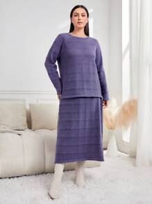 Mulvari Plus Raglan Sleeve Sweater & Knit Skirt 2 Piece Set - Purple - View 1