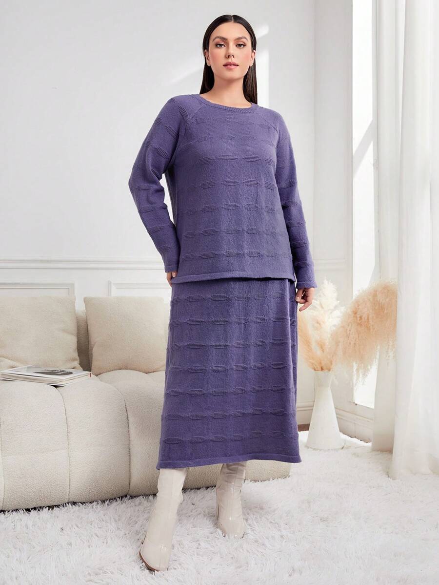 Mulvari Plus Raglan Sleeve Sweater & Knit Skirt 2 Piece Set - Purple - View 1