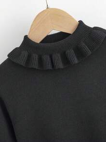 SHEIN Tween Girl Ruffle Trim Solid Sweater - Black - View 5