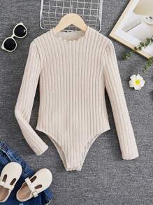 Tween Girl Lettuce Trim Ribbed Knit Bodysuit - Apricot - View 1