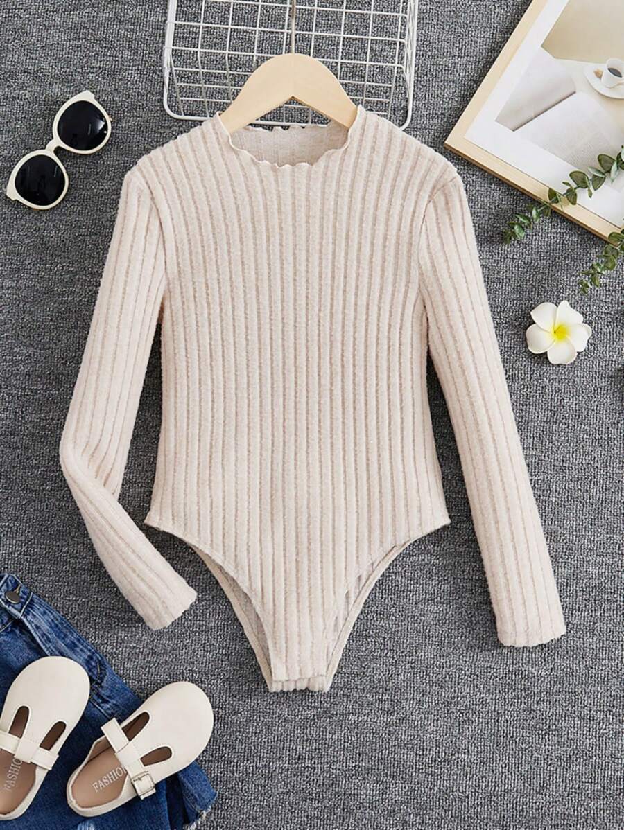 Tween Girl Lettuce Trim Ribbed Knit Bodysuit - Apricot - View 1
