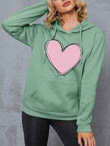 SHEIN EZwear In Trái tim Túi kangaroo Dây rút Hoodie - Màu xanh Bạc hà - Xem 3