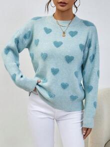 SHEIN Essnce Hình trái tim Thả vai Áo len - Màu xanh lam - Xem 4