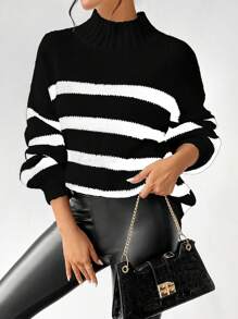 SHEIN LUNE Striped Pattern Mock Neck Drop Shoulder Sweater,Long Sleeve Tops Knit Pullover Fall Winter Sweater - Black - View 6