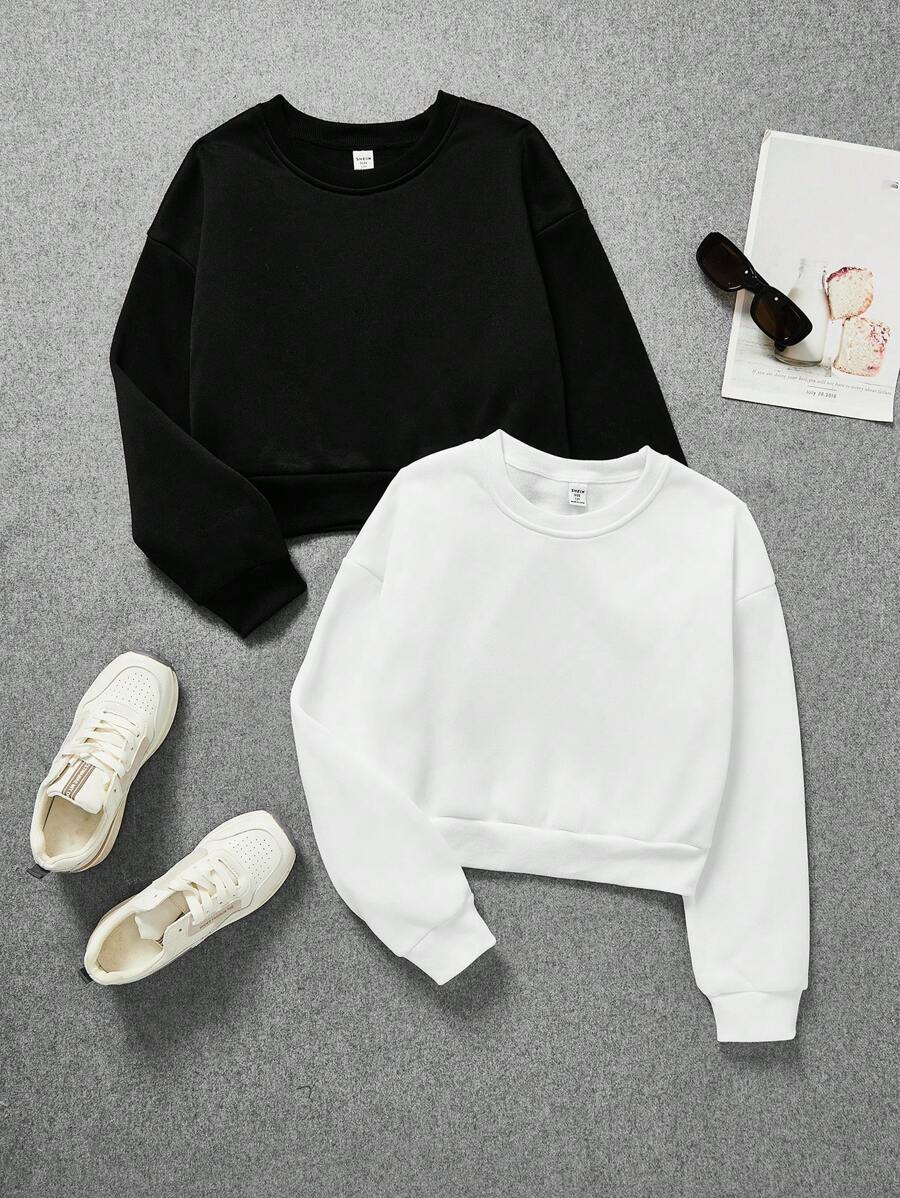 Teen Girl 2pcs Solid Drop Shoulder Sweatshirt - Black and White - View 1