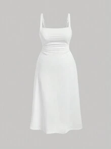 SHEIN MOD 大碼素色褶邊吊帶洋裝 - 白色 - 查看 1
