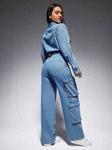 SHEIN EZwear 翻蓋口袋牛仔連身褲 - 中等水洗藍 - 查看 3