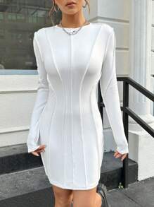 SHEIN EZwear 素色接縫細節緊身洋裝 - 白色 - 查看 3