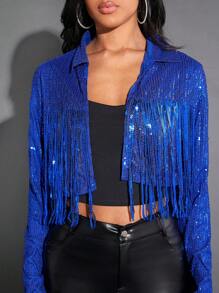 SHEIN BAE Giáng sinh Viền rìa Mở Mặt trước Kim sa Áo khoác - Xanh đậm - Xem 6