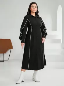 Mulvari Talla grande Vestido camisero unido en contraste - Negro - Ver 1