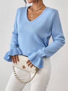 Chiquease Solid Flare Sleeve V Neck Sweater - Blue - View 6