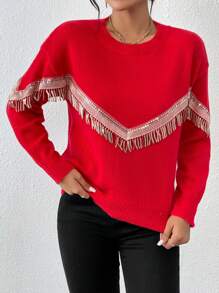 SHEIN Essnce Sequin Fringe Trim Drop Shoulder Sweater - Red - View 6
