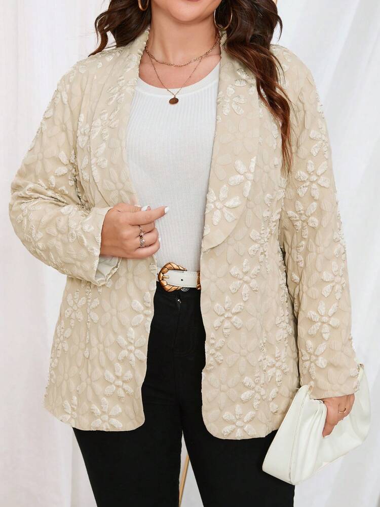 Plus Floral Jacquard Shawl Collar Open Front Blazer