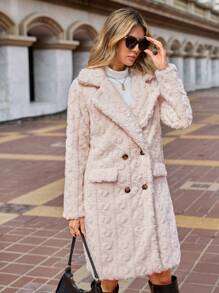 SHEIN Clasi 雙排釦翻蓋細節毛茸茸外套 - 杏色 - 查看 5