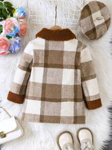 SHEIN 女小童格紋印花青果領花呢外套&帽無毛衣 - 棕色 - 查看 2