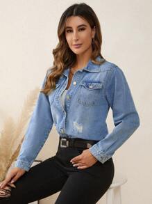 SHEIN LUNE Ripped Flap Pocket Denim Jacket - Light Wash - View 4