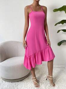 SHEIN Privé Solid Asymmetrical Ruffle Hem Cami Dress - Hot Pink - View 3
