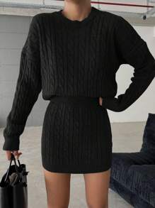 EURMUSE Cable Knit Drop Shoulder Sweater & Knit Skirt - Black - View 1