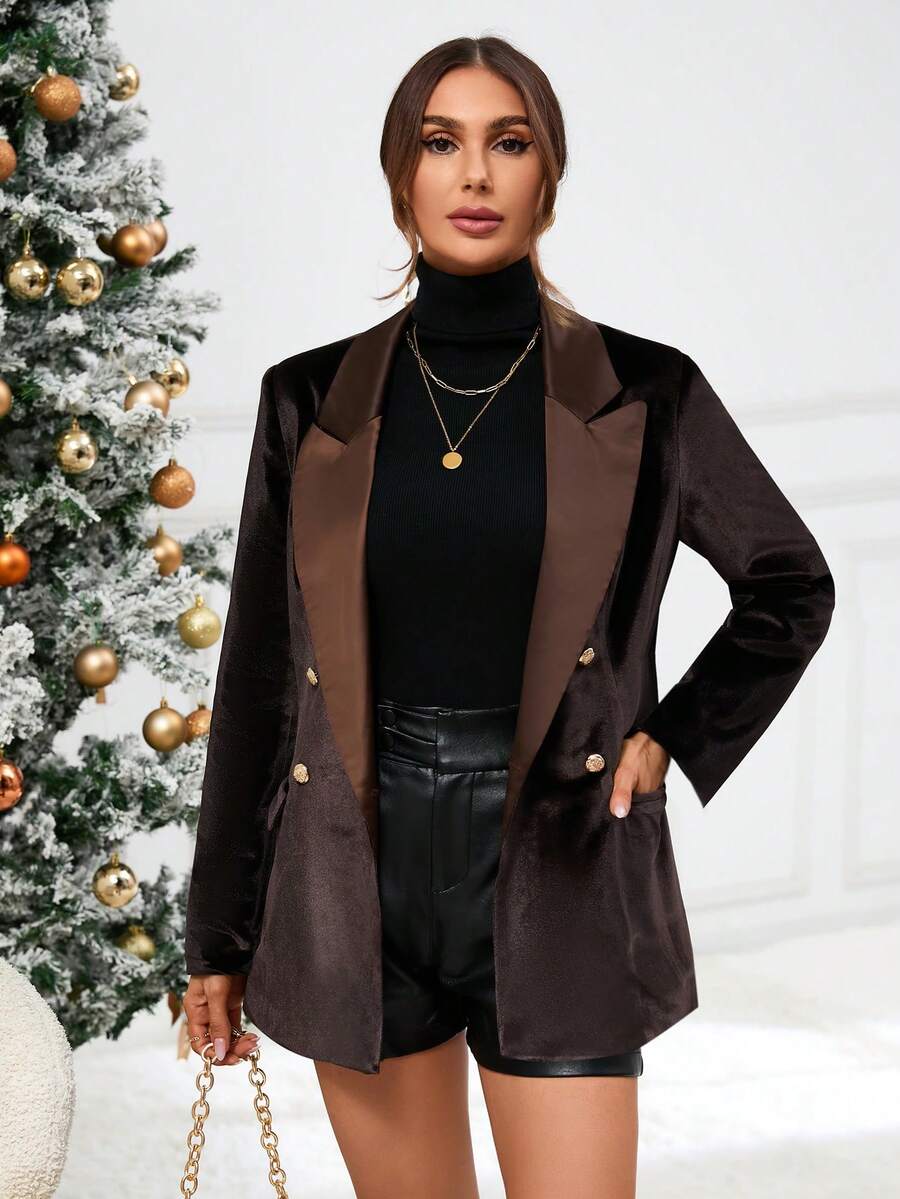 SHEIN BIZwear Cổ áo không bâu Đôi ngực Áo vest - Cà phê nâu - Xem 1