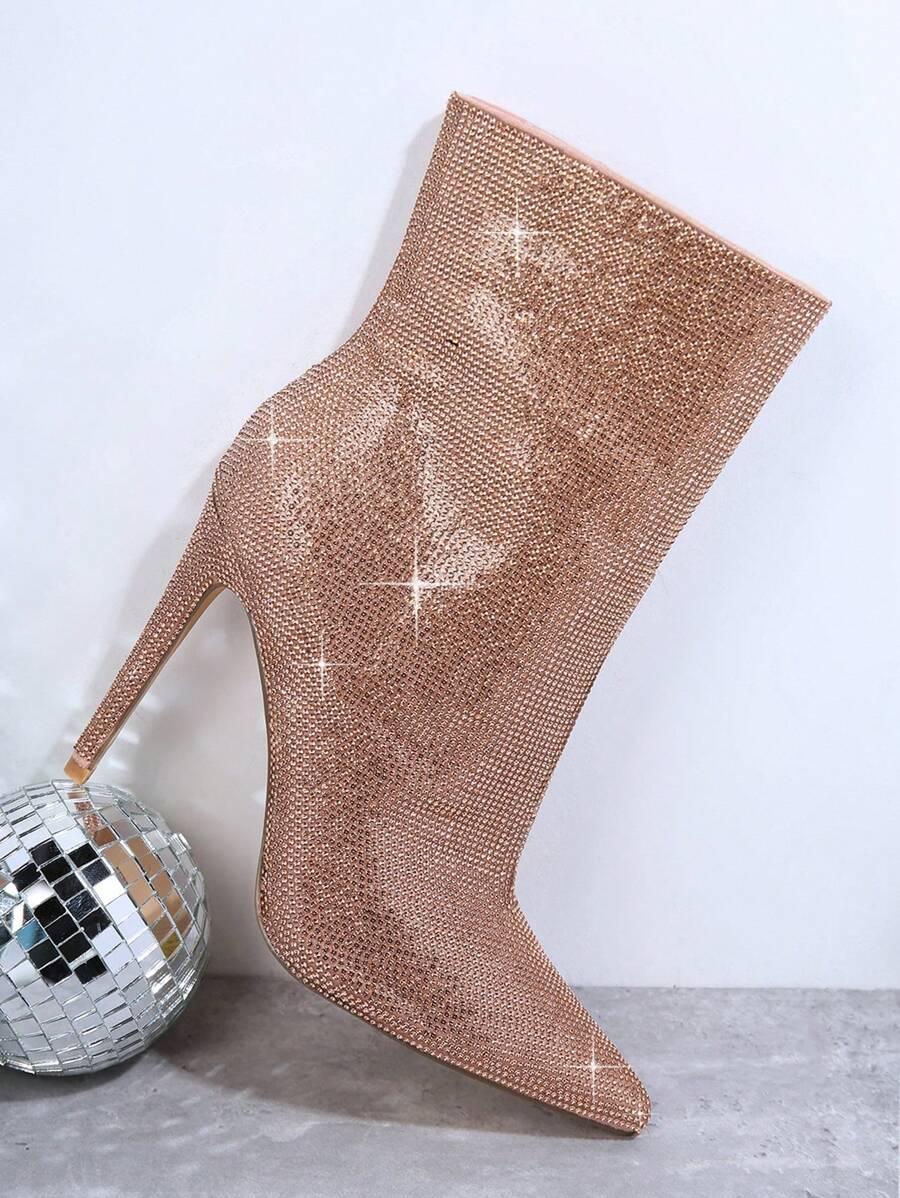 SHUZIA Rhinestone Detail Pointed Toe Stiletto Heel Ankle Boots - Gold - View 1