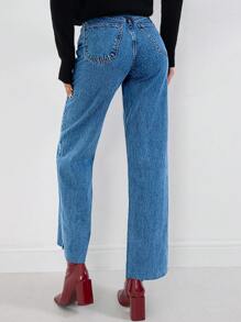 SHEIN Cottnline 毛邊闊腿牛仔褲 - 水鴨藍 - 查看 2