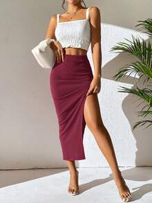 SHEIN Clasi Solid Split Thigh Skirt - Hot Pink - View 5