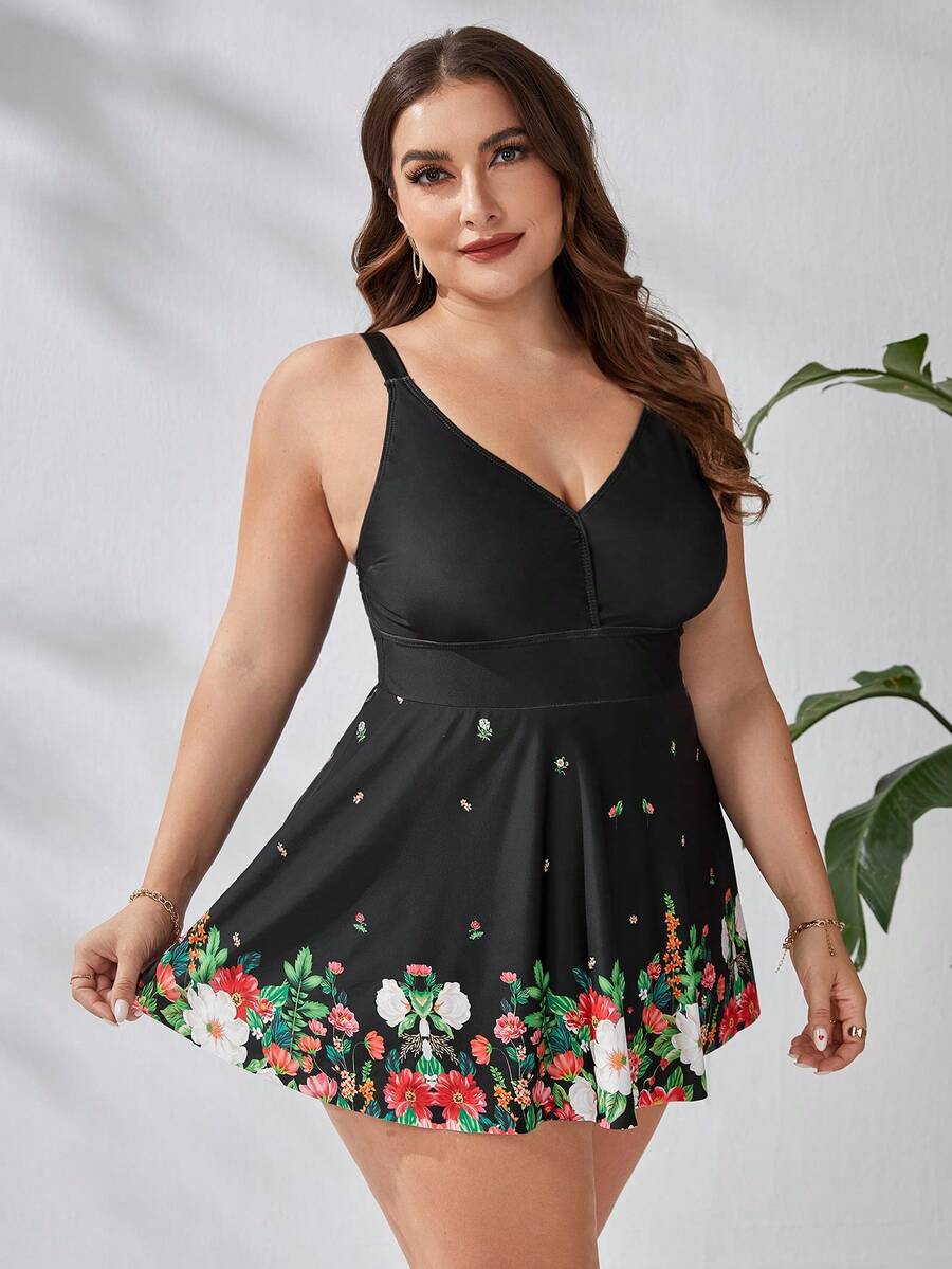 SHEIN Swim Curve Plus Floral Print One Piece Swimsuit - Multicolor - View 1