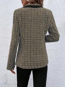 SHEIN Clasi Hoa văn kẻ sọc Viền tương phản Cổ áo Nút đơn Tweed Áo vest - Nhiều màu - Xem 2