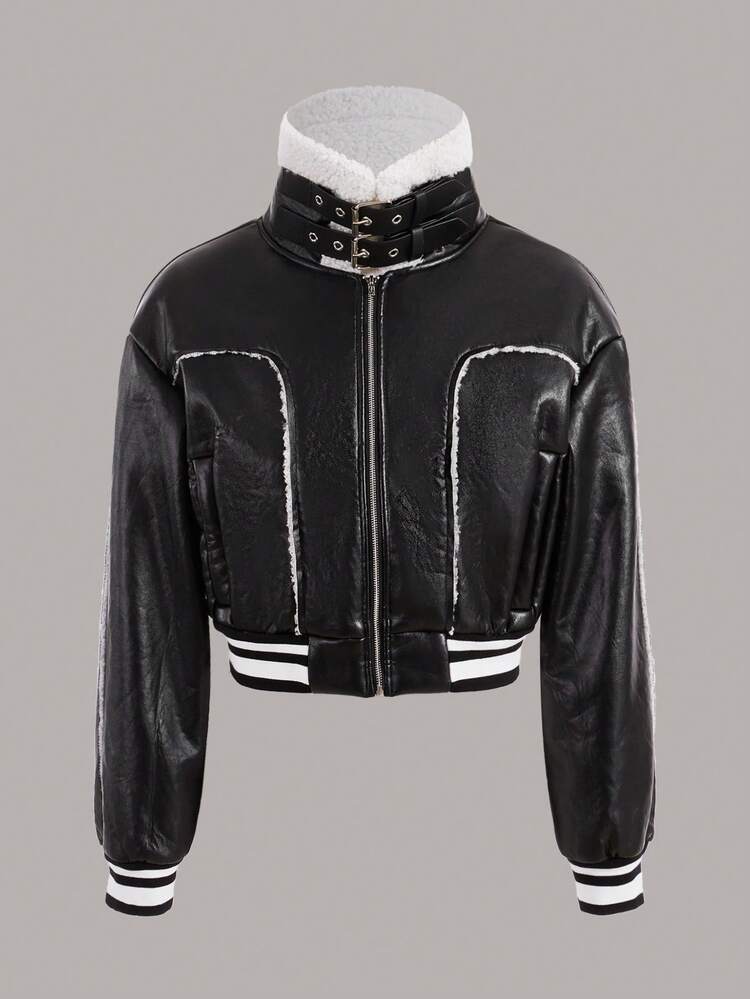 Striped Trim Drop Shoulder PU Leather Jacket In Fall/Winter