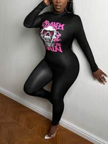 Slaydiva Skull & Letter Graphic Mock Neck Unitard Jumpsuit - Black - View 6