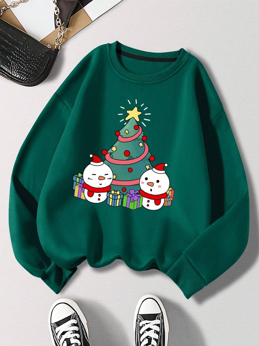 SHEIN EZwear 聖誕圖案加絨內裏運動衫 - 墨綠色 - 查看 1