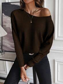 SHEIN Essnce Chất rắn tay cánh Áo len - màu nâu - Xem 5